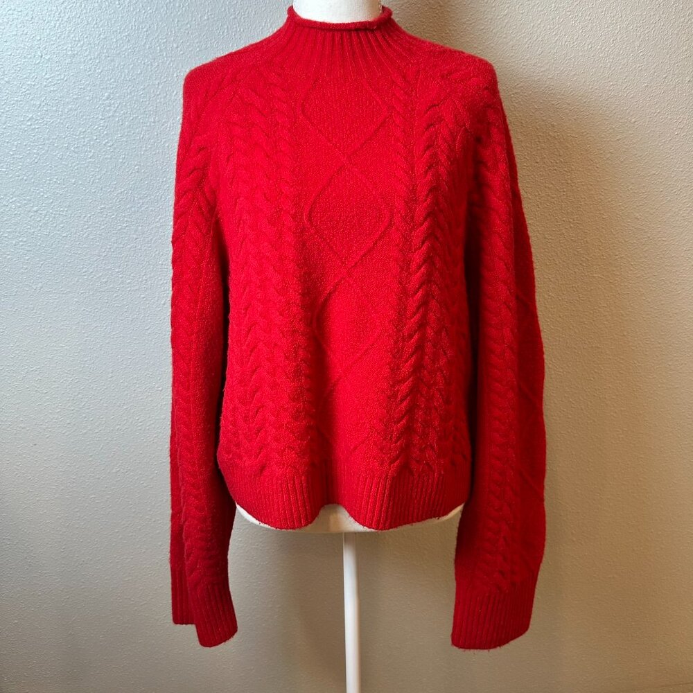 J.Crew Cable-Knit Rollneck Sweater Cardinal Red M Old Money Cozy Alpaca Blend